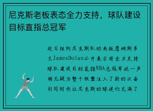 尼克斯老板表态全力支持，球队建设目标直指总冠军